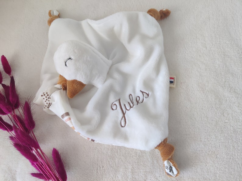 Handmade personalized baby goose comforter made in France / Double gauze animal comforter / Personalized baby gift idea / Name embroidery image 4