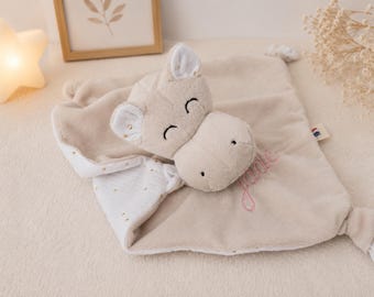 Handmade personalized baby hippopotamus comforter made in France / Double gauze animal comforter / Baby shower gift idea