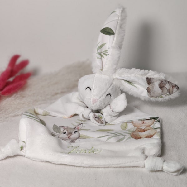 Doudou bébé lapin personnalisé 100% fait main en France / doudou brodé prénom / doudou personnalisable / coffret naissance