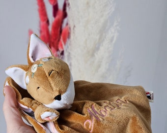 Doudou bébé renard personnalisé fait main en France / Doudou animaux couronne de fleurs et nœud