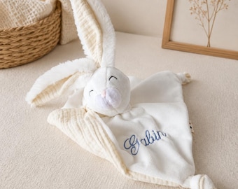 Handmade personalized baby bunny comforter made in France / Double gauze animal comforter / Personalized baby gift idea / Name embroidery