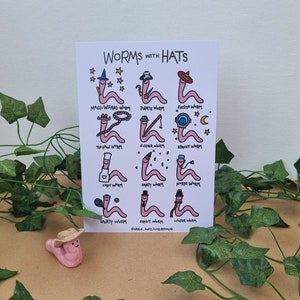 WORMS WITH HATS: A5 Art Print // funky digital illustration of worms with different types of hat, cowboy, wizard, tennis, pirate, space worm