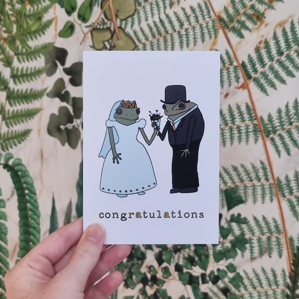 frog bride and groom wedding card / congratulations marriage greeting card, frog, toad, engaged, wedding dress, funny wedding card