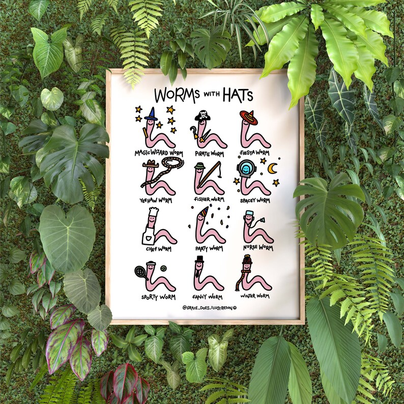 May include: A colorful illustration of worms wearing different hats. The illustration is titled "Worms with Hats" and includes names for each worm, such as "Magic Wizard Worm", "Pirate Worm", and "Fiesta Worm".