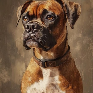 May include: A portrait of a Boxer dog with a brown and white coat, wearing a brown leather collar. The dog has a focused expression, with dark brown eyes and a black nose. The background is a muted, textured brown.