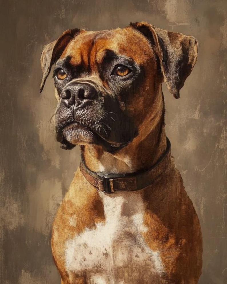 May include: A portrait of a Boxer dog with a brown and white coat, wearing a brown leather collar. The dog has a focused expression, with dark brown eyes and a black nose. The background is a muted, textured brown.