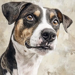 May include: A detailed portrait of a dog with brown eyes, a black nose, and a mix of black, brown, and white fur. The dog's ears are floppy, and it has a gentle expression. The background is a neutral, textured beige.
