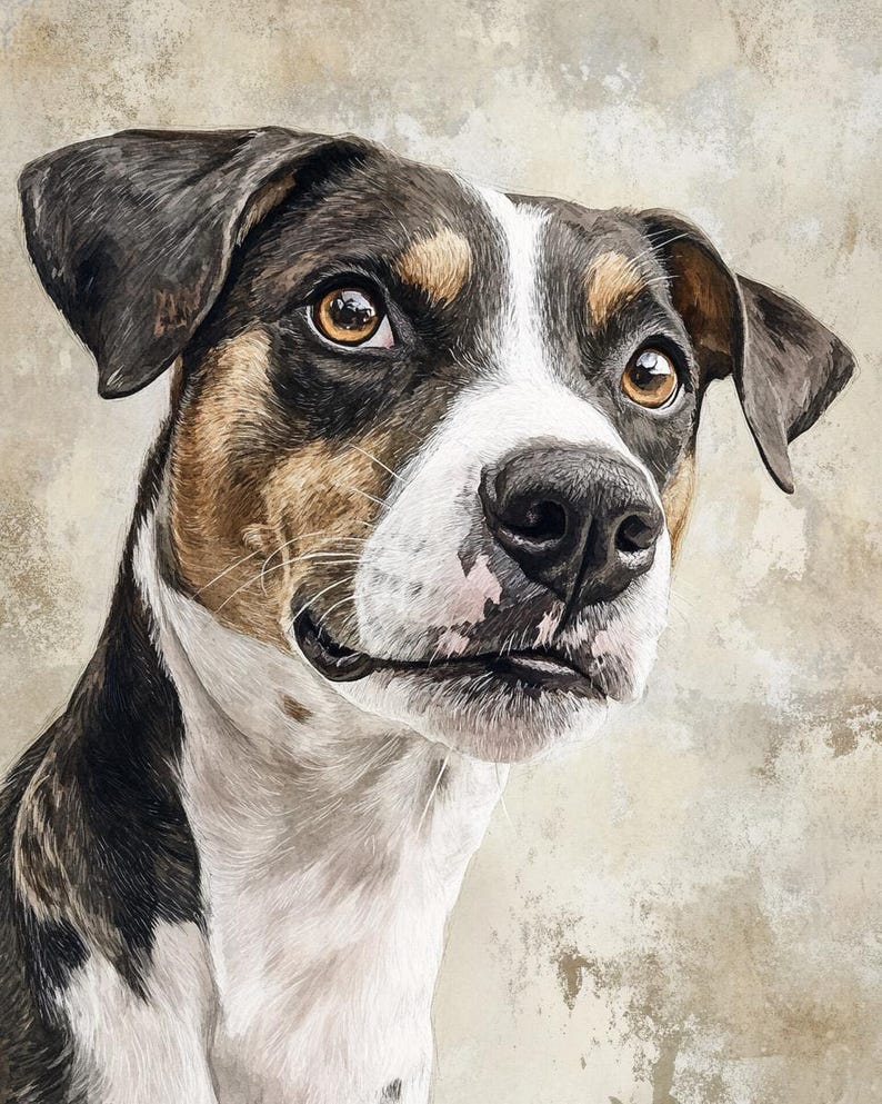 May include: A detailed portrait of a dog with brown eyes, a black nose, and a mix of black, brown, and white fur. The dog's ears are floppy, and it has a gentle expression. The background is a neutral, textured beige.
