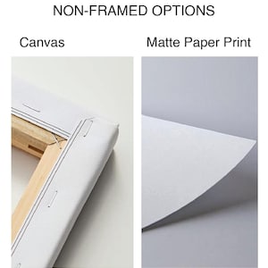 May include: Image showing two non-framed print options: Canvas and Matte Paper Print. The canvas is stretched over a wooden frame, stapled on the back. The matte paper print is a white sheet with a curved edge.