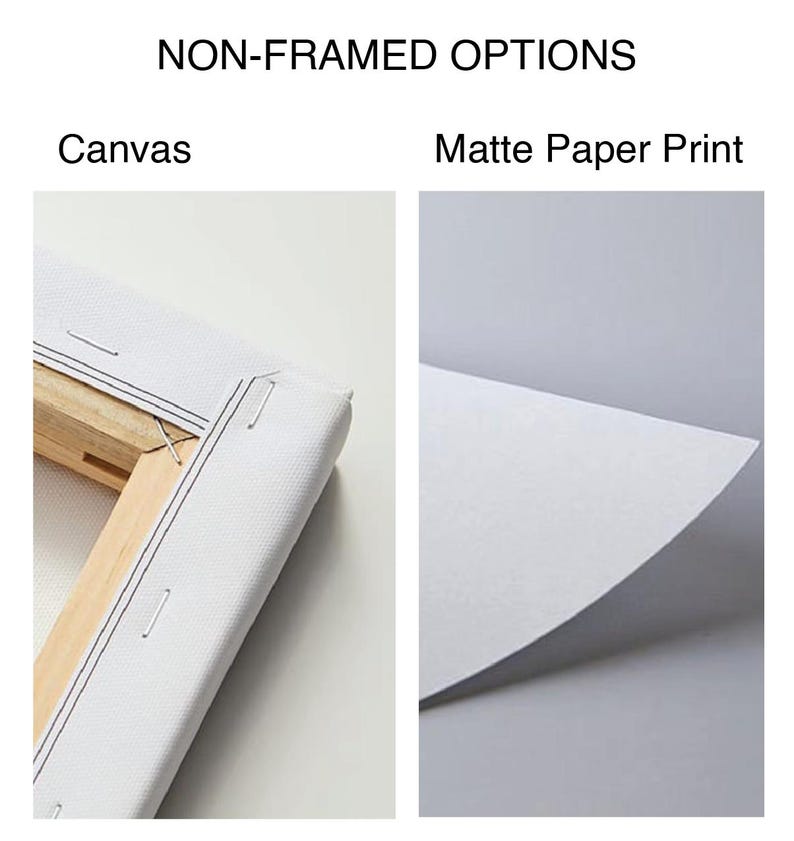 May include: Image showing two non-framed print options: Canvas and Matte Paper Print. The canvas is stretched over a wooden frame, stapled on the back. The matte paper print is a white sheet with a curved edge.