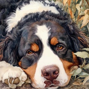 May include: Watercolor painting of a Bernese Mountain Dog lying down, with a soft, expressive gaze. The dog's fur is a mix of black, white, and brown, with detailed brushstrokes. The background features muted green and brown foliage, creating a naturalistic scene.