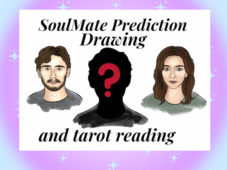 May include: Illustration with the text "SoulMate Prediction Drawing and tarot reading." The image features three figures: two portraits and a silhouette with a red question mark. The background has a pastel purple and blue gradient.