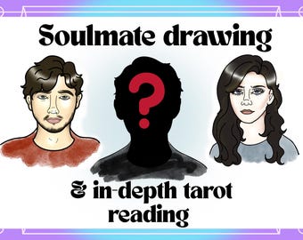 May include: A digital illustration featuring the text Soulmate drawing & in-depth tarot reading. The image displays three figures: a man with brown hair, a central black silhouette with a red question mark, and a woman with long dark hair.