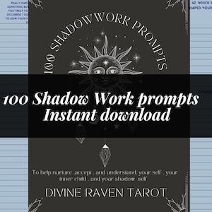Puede incluir: Una descarga digital titulada "100 Shadow Work prompts" con un gráfico de sol y luna. El texto está en una fuente estilizada, con un fondo oscuro y texto de color claro. Las indicaciones están diseñadas para ayudar a nutrir, aceptar y comprender tu yo interior.