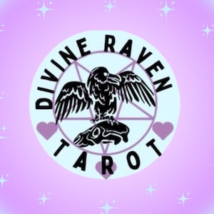 May include: A circular logo with the text "DIVINE RAVEN TAROT" encircling a black raven illustration. The raven is perched on a rock within a pentagram. The background is a gradient of pink and blue with star-shaped sparkles.