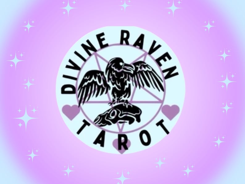 May include: A circular logo with the text "DIVINE RAVEN TAROT" encircling a black raven illustration. The raven is perched on a rock within a pentagram. The background is a gradient of pink and blue with star-shaped sparkles.