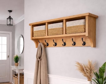 Solid oak coat rack with shelf & woven storage baskets - Wall mounted