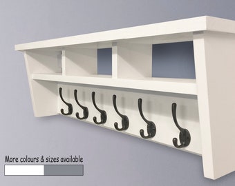 Slimline coat rack with shelf and cubby hole storage 4, 6 or 8 hooks - Solid wood - Wall mounted