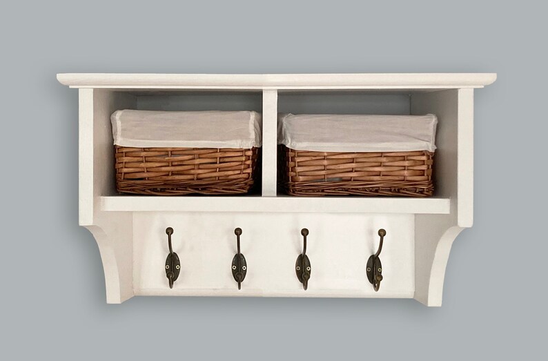 Wall mounted coat hooks with shelf and 3 storage baskets. Etsy