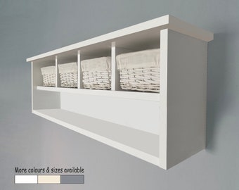 Shelving unit with white wicker storage baskets -  Solid wood - Wall mounted