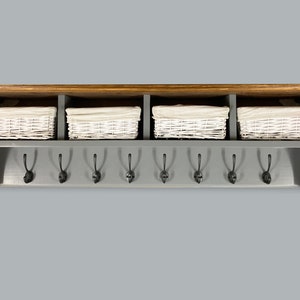 Coat rack with dark wood top shelf and storage baskets 4, 6 or 8 hooks Solid wood Wall mounted image 2
