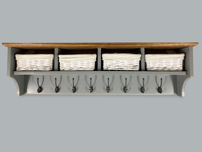 Coat rack with dark wood top shelf and storage baskets 4, 6 or 8 hooks Solid wood Wall mounted image 2