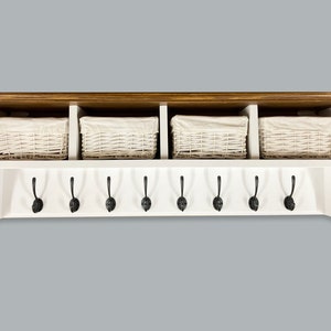 Coat rack with dark wood top shelf and storage baskets 4, 6 or 8 hooks Solid wood Wall mounted image 3