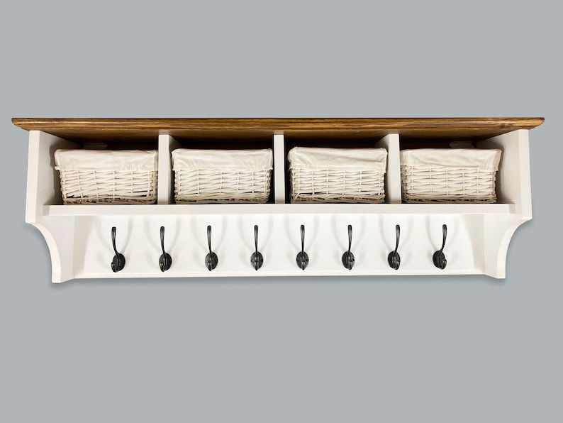 Coat rack with dark wood top shelf and storage baskets 4, 6 or 8 hooks Solid wood Wall mounted image 3