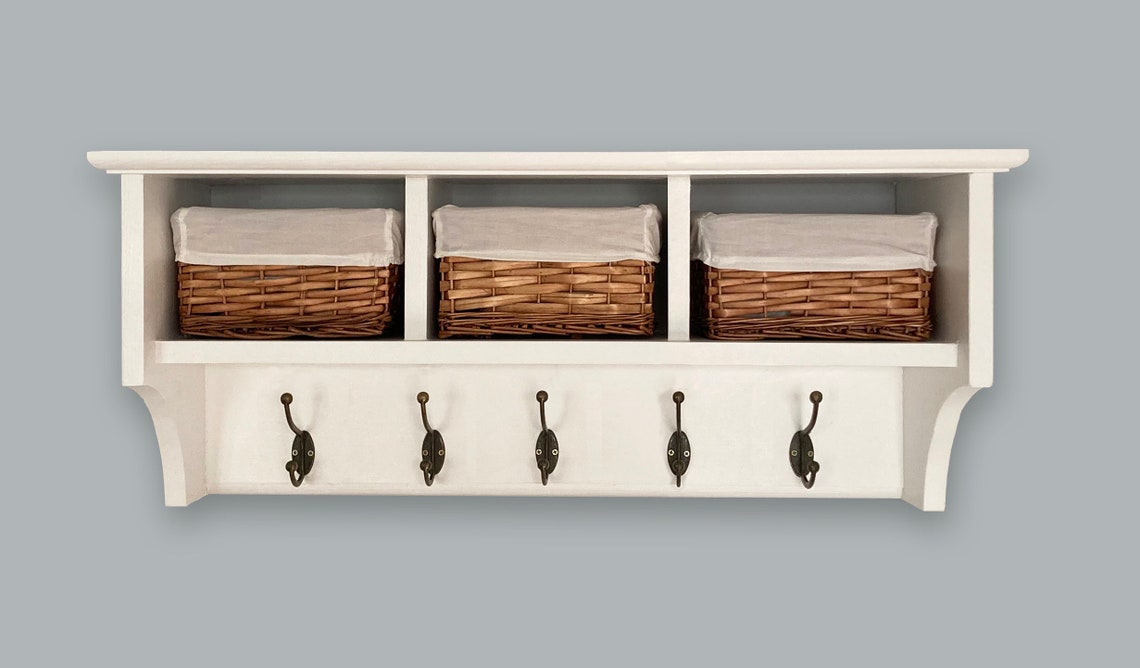 Wall mounted coat hooks with shelf and 3 storage baskets. Etsy