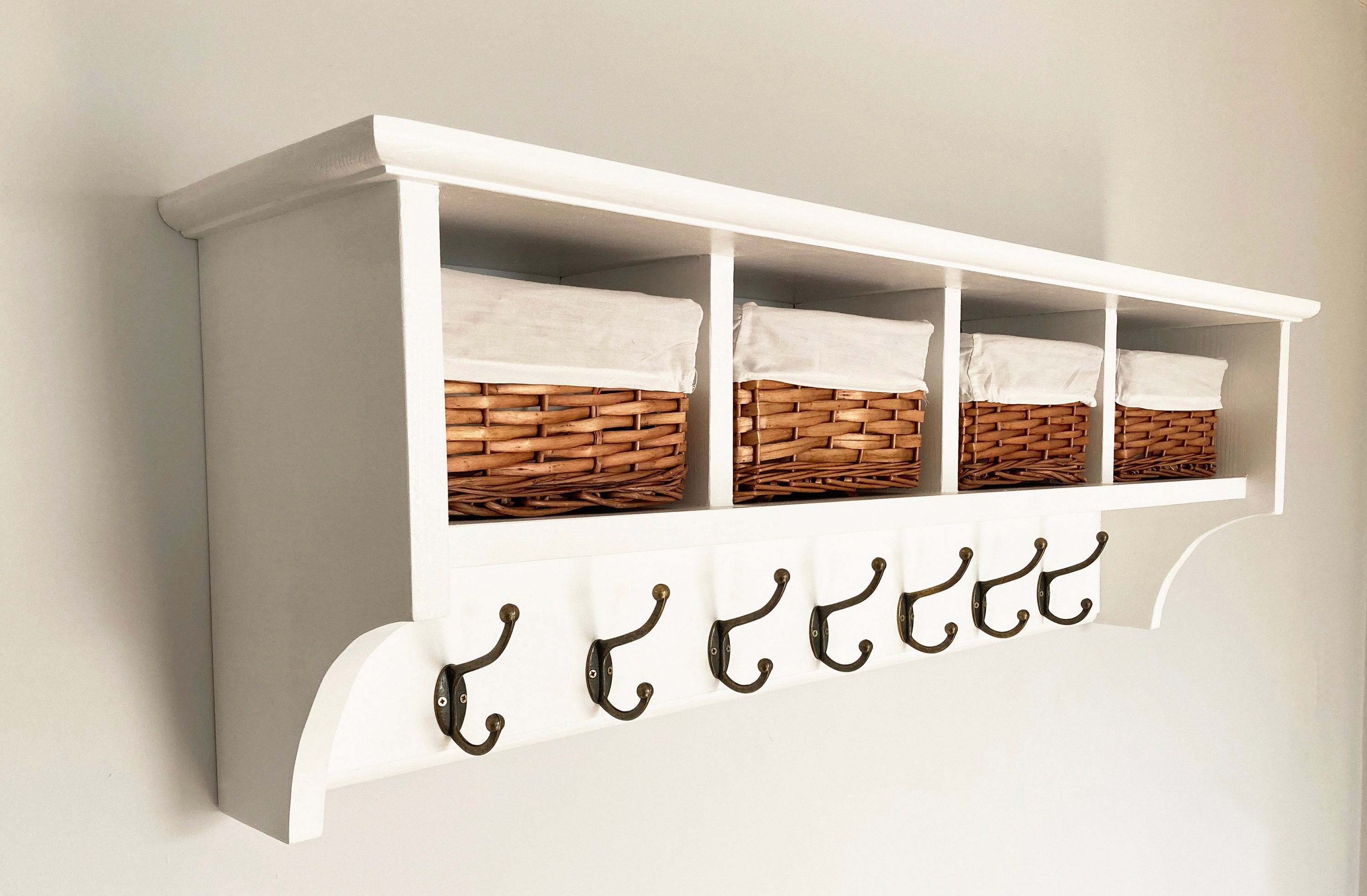 Wall mounted coat hooks with shelf and 2 storage baskets. Etsy