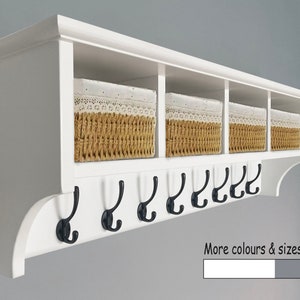 Coat rack with shelf and storage baskets - Available in 4, 6 or 8 hooks  - Solid wood - Wall mounted