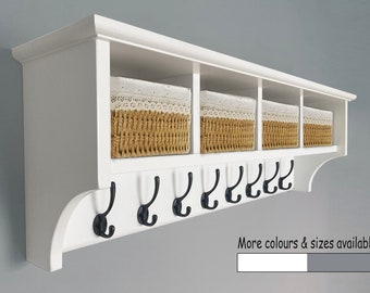 Coat rack with shelf and storage baskets - Available in 4, 6 or 8 hooks  - Solid wood - Wall mounted