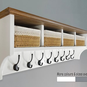 Coat rack with dark wood top shelf and storage baskets 4, 6 or 8 hooks Solid wood Wall mounted image 1