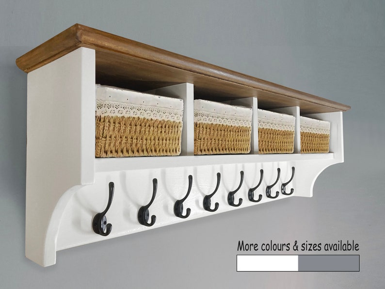 Coat rack with dark wood top shelf and storage baskets 4, 6 or 8 hooks Solid wood Wall mounted image 1