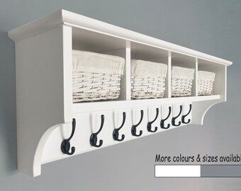 Coat rack with shelf and storage baskets 4, 6 or 8 hooks - Solid wood - Wall mounted