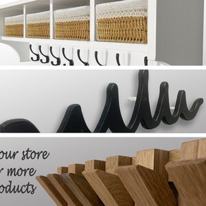 Coat rack with dark wood top shelf and storage baskets 4, 6 or 8 hooks Solid wood Wall mounted image 10