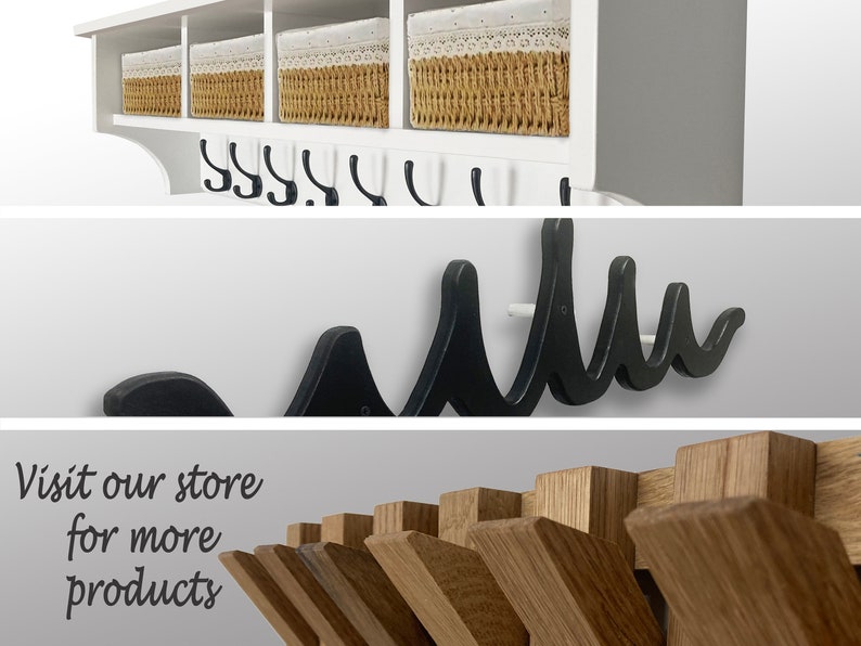 Coat rack with dark wood top shelf and storage baskets 4, 6 or 8 hooks Solid wood Wall mounted image 10