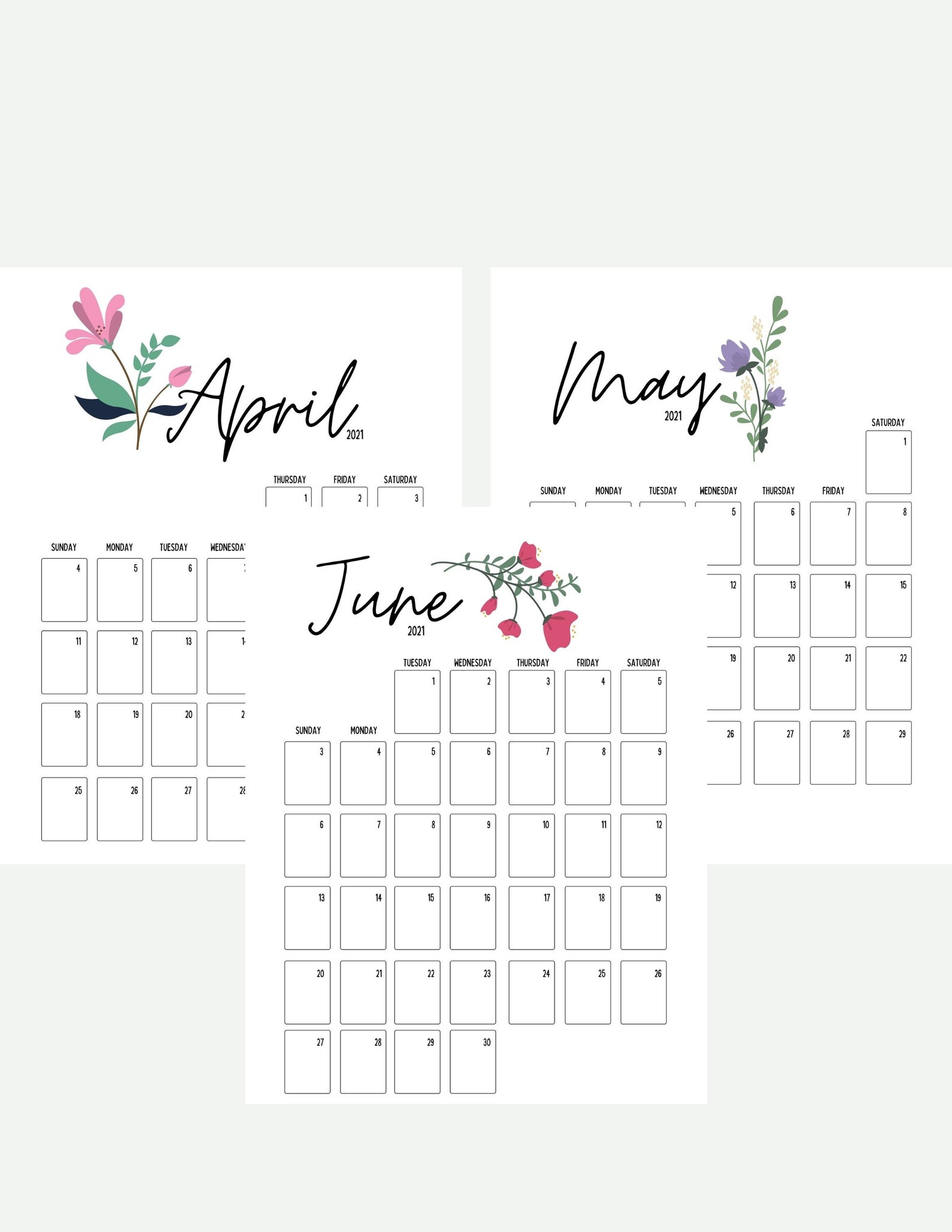 Simple Printable Floral Desk Office Calendar 2021 Etsy