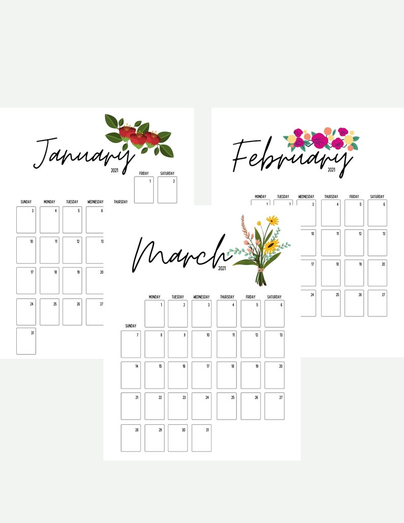 Simple Printable Floral Desk Office Calendar 2021 Etsy