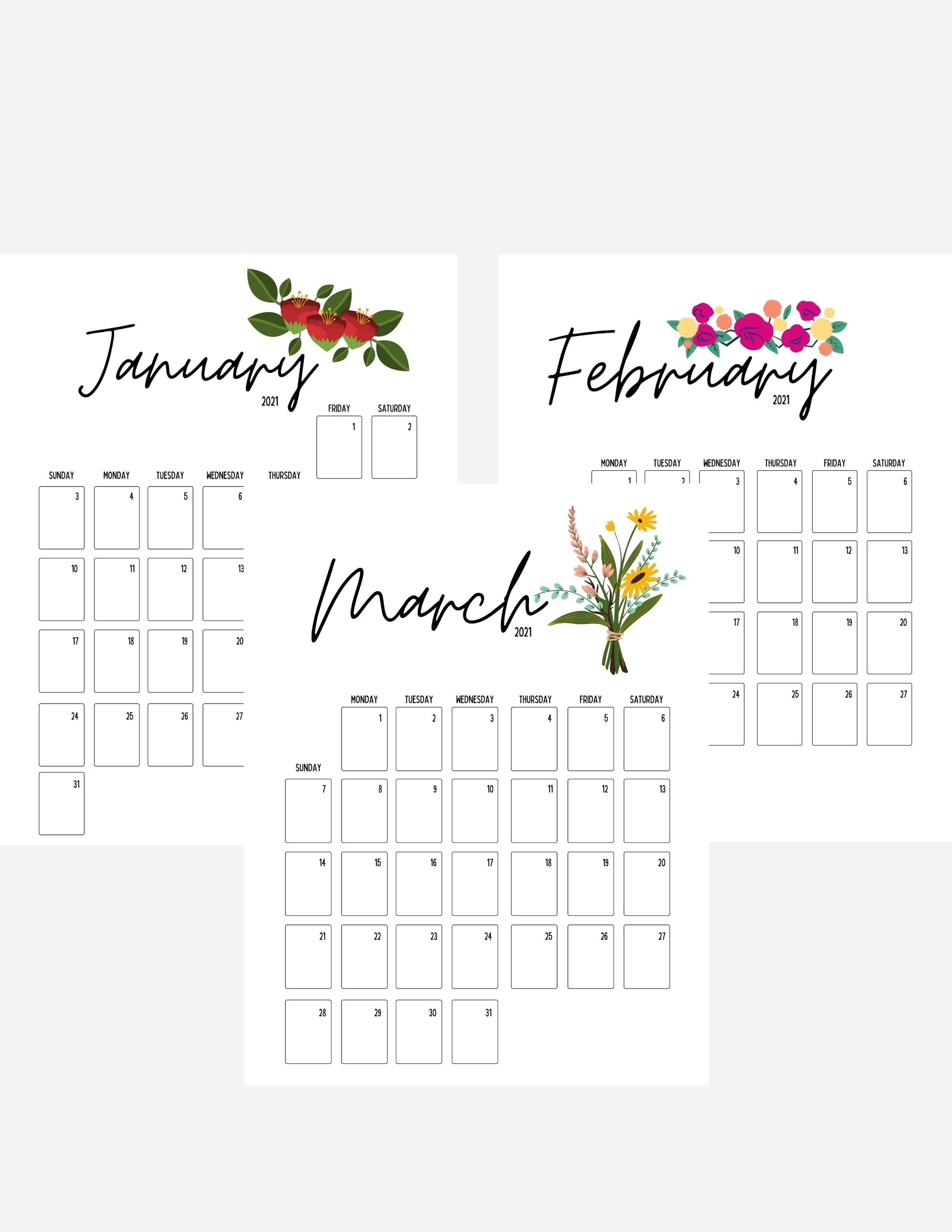 Simple Printable Floral Desk Office Calendar 2021 Etsy