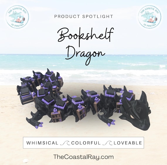 Book dragon figurine, articulated 3d print, white elephant gifts for adults, mythical decor for home office, bookish gift, stocking stuffer