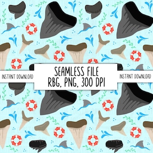 May include: Seamless pattern featuring shark teeth, life preservers, and shark fins on a light blue background. The design includes the text "SEAMLESS FILE RBG, PNG, 300 DPI" and "INSTANT DOWNLOAD".