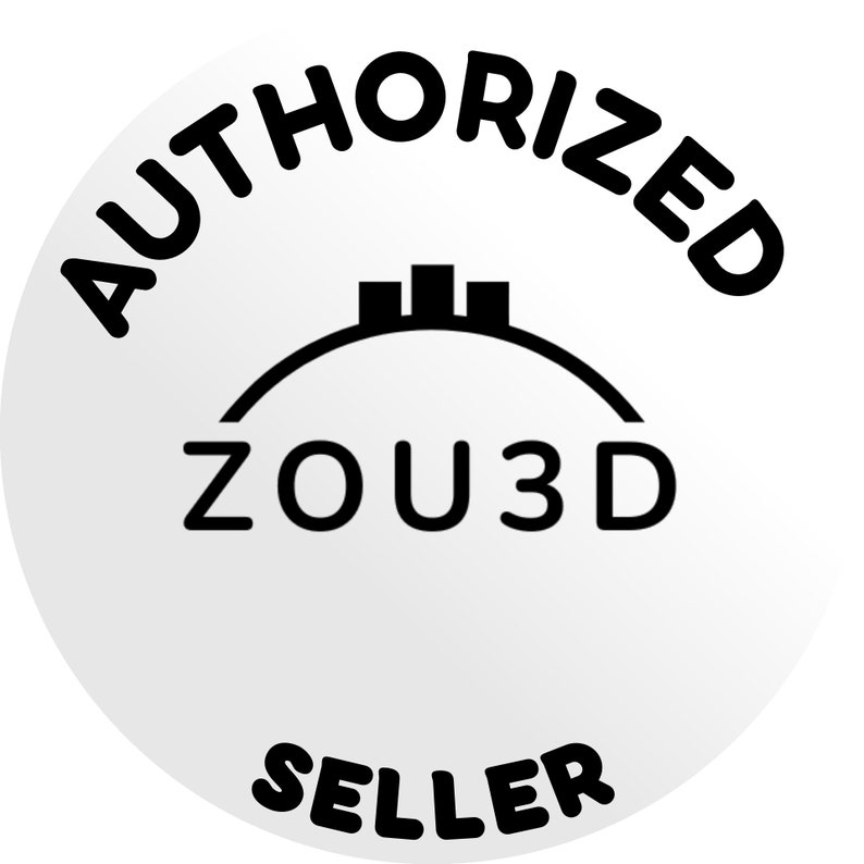 May include: White circle with black text that reads "AUTHORIZED ZOU3D SELLER". A black graphic of a city skyline with a curved line above it is in the center of the circle.