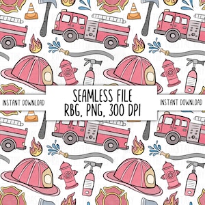 May include: A seamless pattern with illustrations of fire engines, fire helmets, fire hydrants, axes, flames, and other firefighting equipment in red, pink, and grey on a white background. The text "SEAMLESS FILE RBG, PNG, 300 DPI" is displayed.