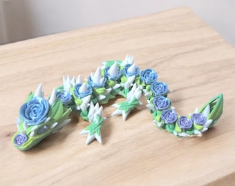 Flower dragon fidget toy, desk buddy, 3d printed figurine, articulated animal, rose gift for women, floral decor for dorm, grad gift for her