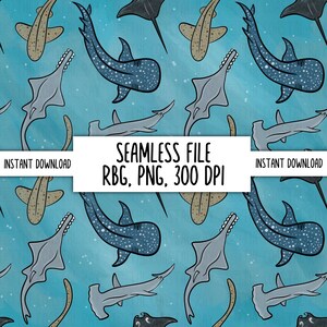 May include: Seamless pattern featuring various types of sharks, including a whale shark, hammerhead shark, and a sawfish. The background is a light blue watercolor wash. The text "Seamless File RGB, PNG, 300 DPI" is displayed in a white banner.
