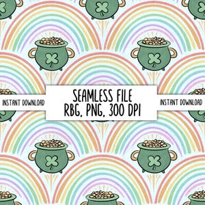Puede incluir: Un patrón sin costuras que presenta una olla verde de oro con un trébol de tres hojas en el lateral, rodeada de arcos de arcoíris sobre un fondo azul claro. El texto "SEAMLESS FILE RGB, PNG, 300 DPI" se muestra en un rectángulo blanco.
