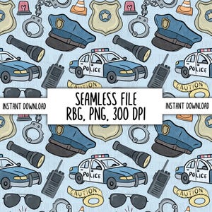 May include: A seamless pattern featuring a variety of police-themed illustrations, including a police car, handcuffs, a police hat, a flashlight, a walkie-talkie, sunglasses, a badge, and caution tape. The background is light blue.