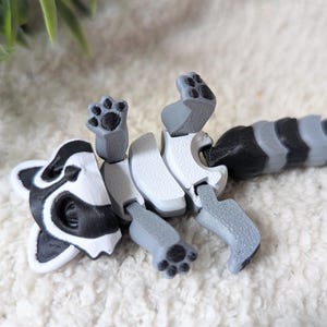 Peut inclure: Une figurine articul&eacute;e de raton laveur en plastique blanc et noir avec un corps segment&eacute; et une queue enroul&eacute;e. La figurine a un design r&eacute;aliste.