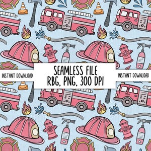 May include: A seamless pattern with illustrations of red fire engines, helmets, fire hydrants, axes, and flames on a pale blue backdrop. The image includes the text "SEAMLESS FILE RBG, PNG, 300 DPI" and "INSTANT DOWNLOAD".